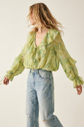 Light Green Ruffled Tie-Front Sheer Blouse