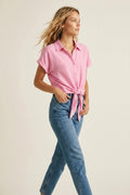 Pink Lightweight Woven Short Sleeve Shirt Top with Tie Front