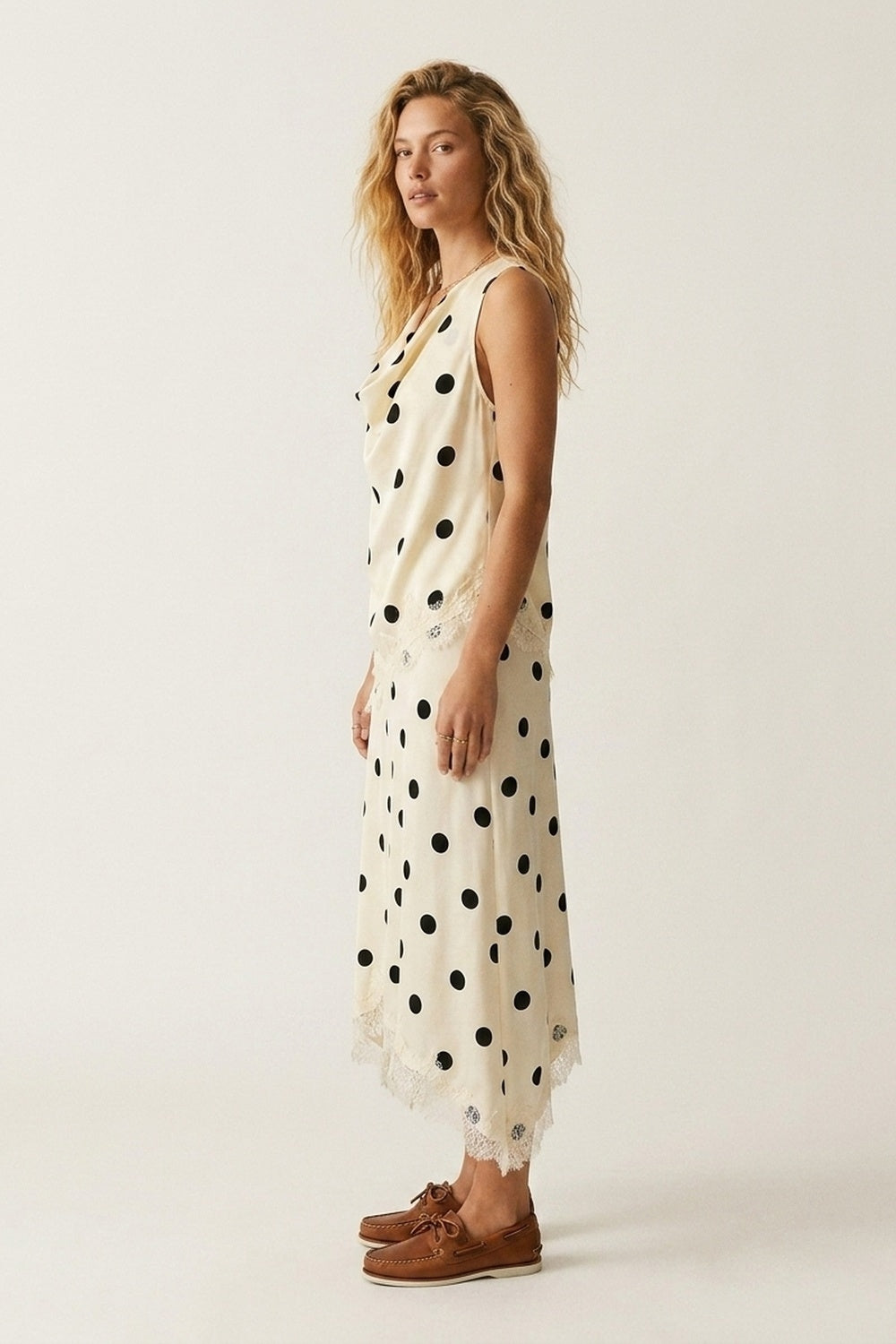 Cream Polka-Dot Print Satin Lace Trim Asymmetrical Midi Skirt
