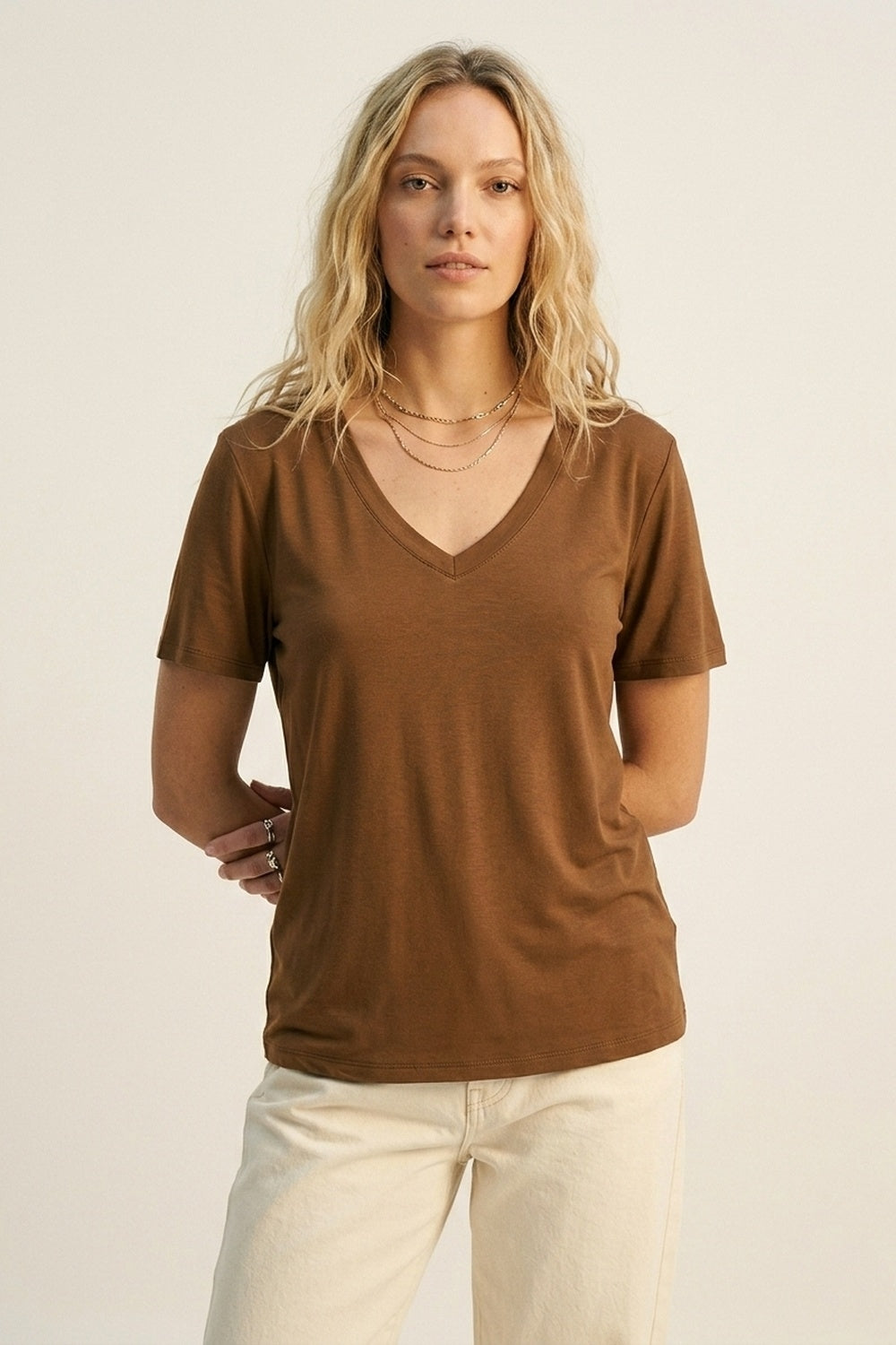 Brown Soft wide V-Neck t-shirt in viscose fabric
