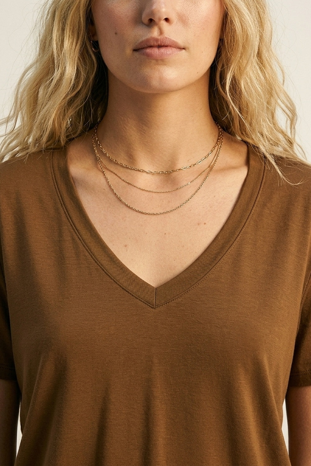 Brown Soft wide V-Neck t-shirt in viscose fabric