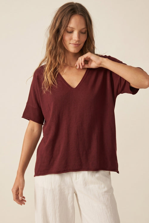Burgundy Relaxed V-Neck Short Sleeve Knit Top — view 1 of 5