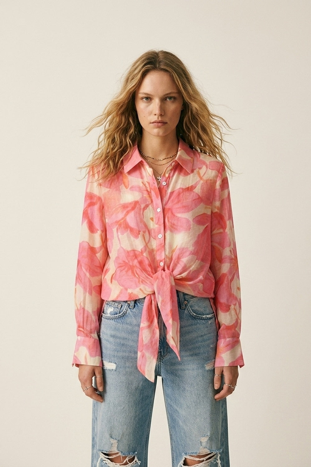 Pink Floral Print Long Sleeve Button-Up Shirt