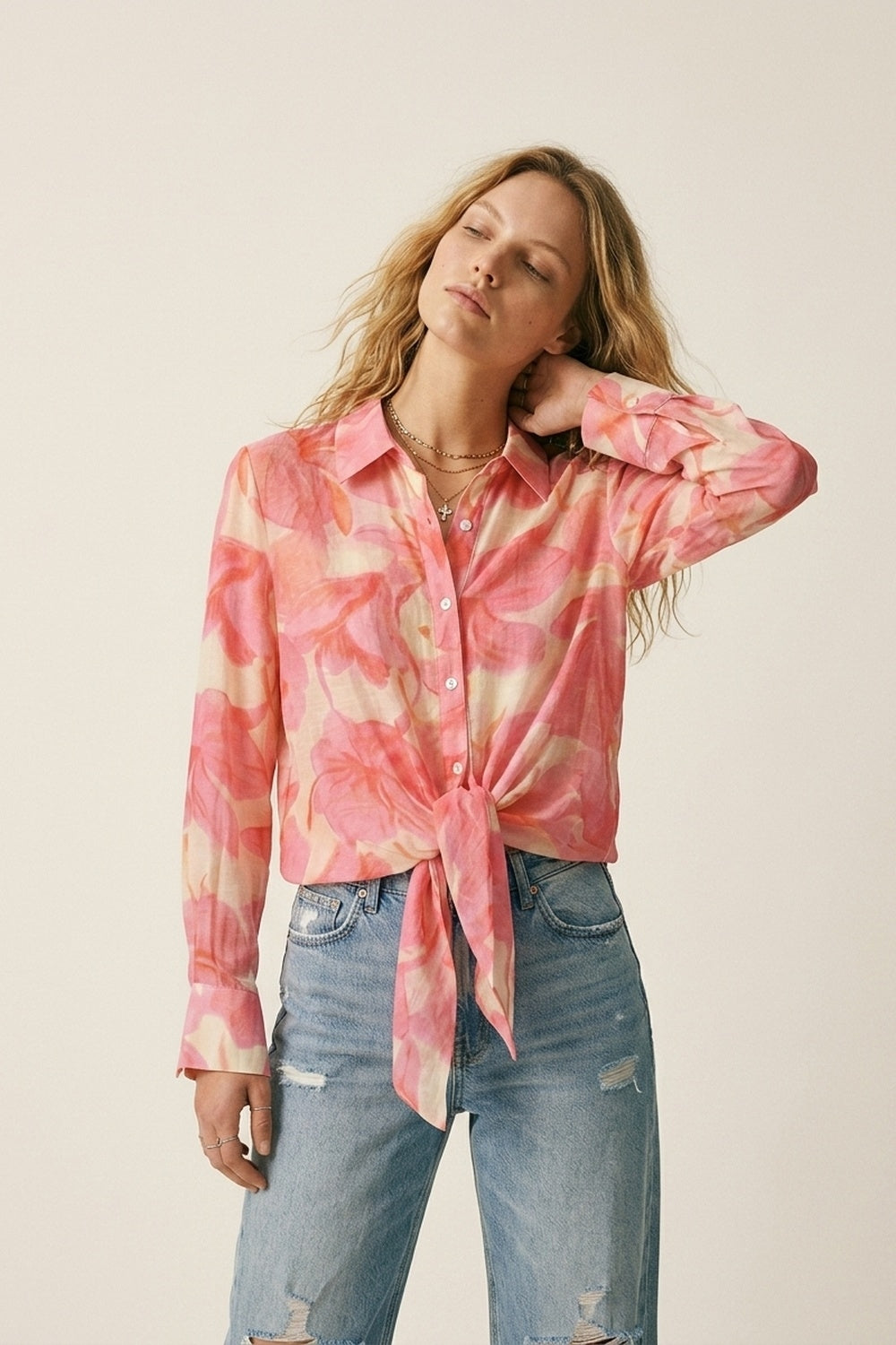 Pink Floral Print Long Sleeve Button-Up Shirt