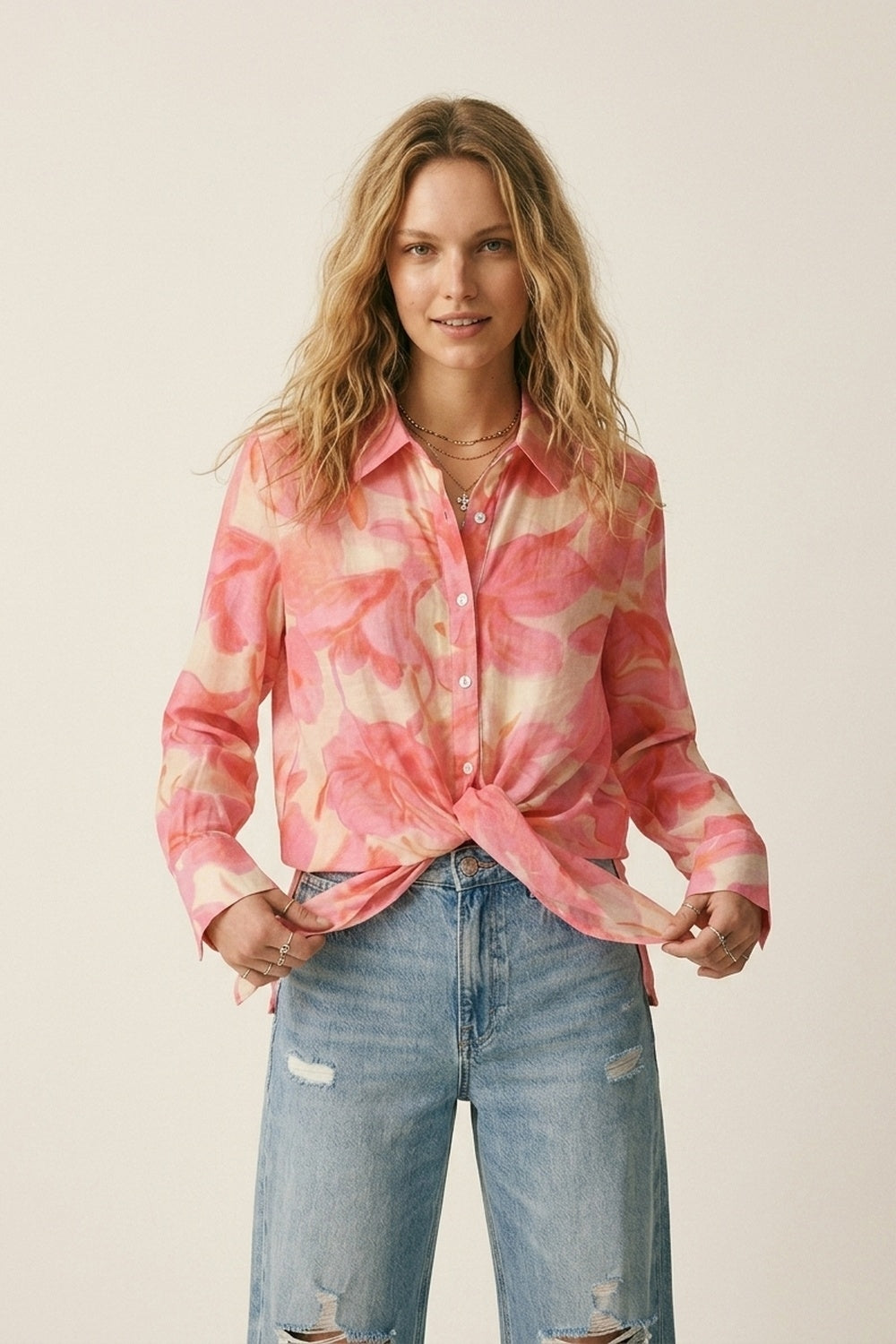 Pink Floral Print Long Sleeve Button-Up Shirt