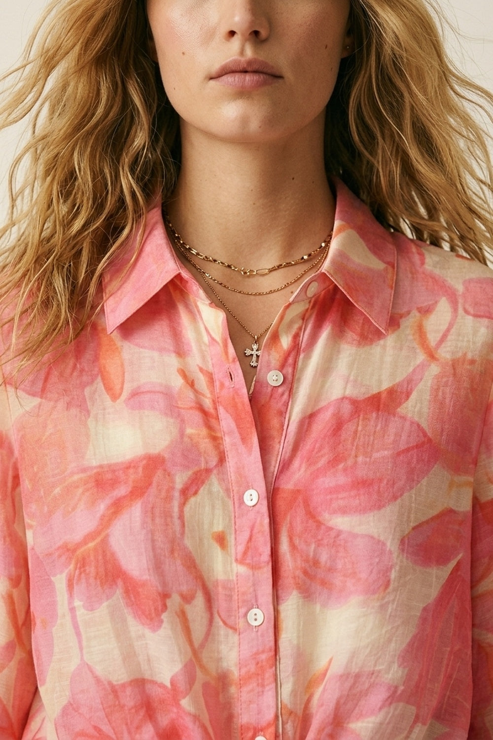 Pink Floral Print Long Sleeve Button-Up Shirt
