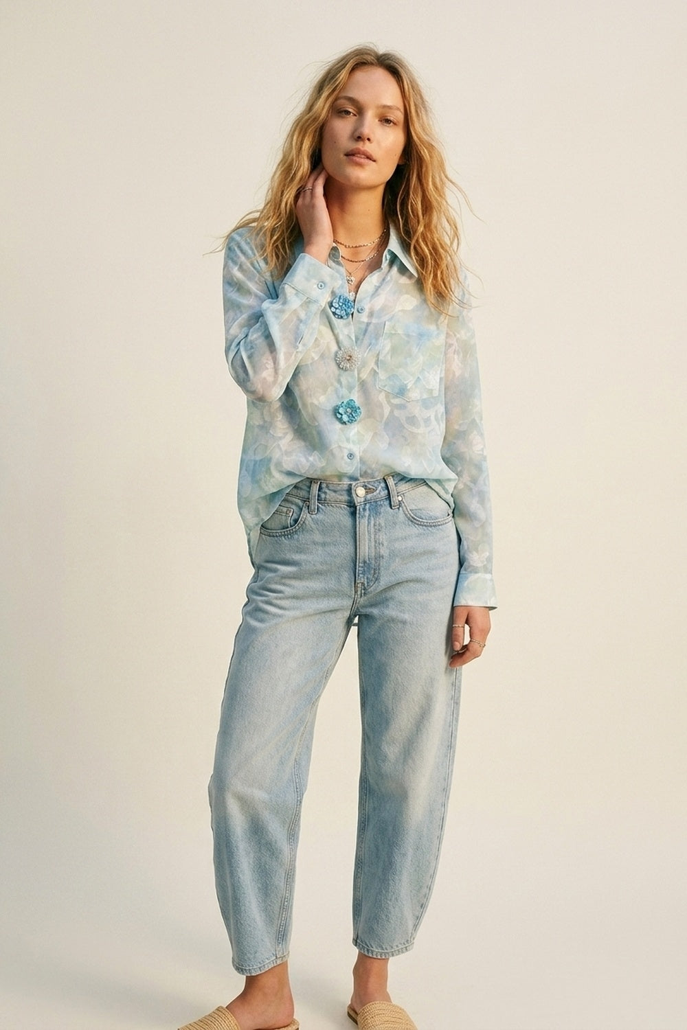 chiffon Lightweight Floral Print Button-Up Shirt in light blue