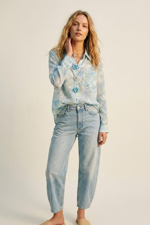 chiffon Lightweight Floral Print Button-Up Shirt in light blue