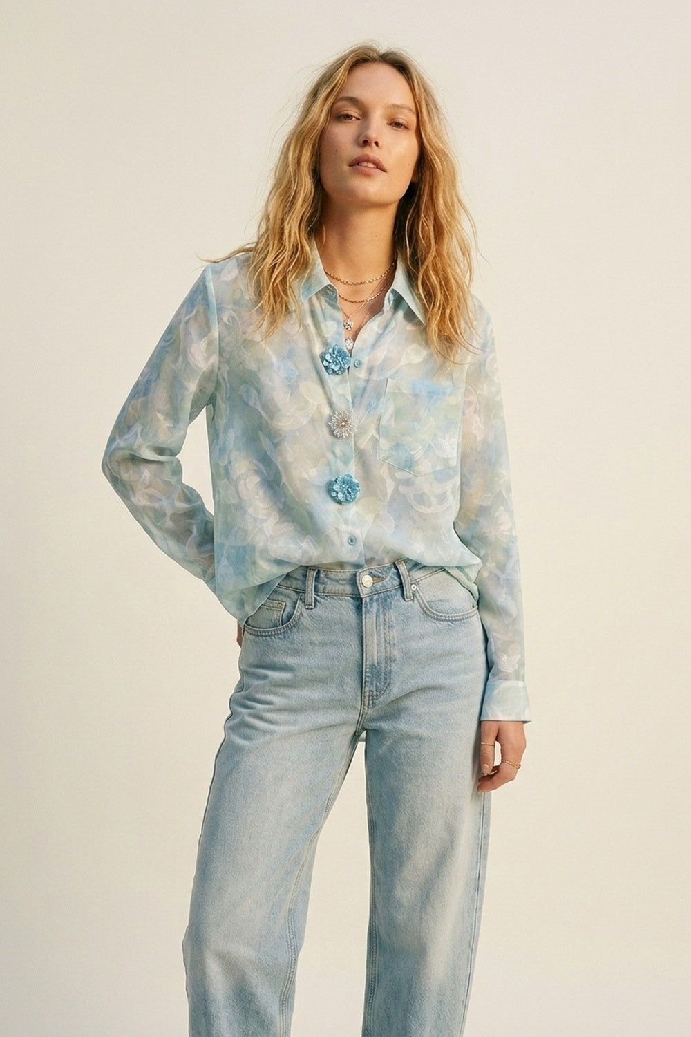 chiffon Lightweight Floral Print Button-Up Shirt in light blue