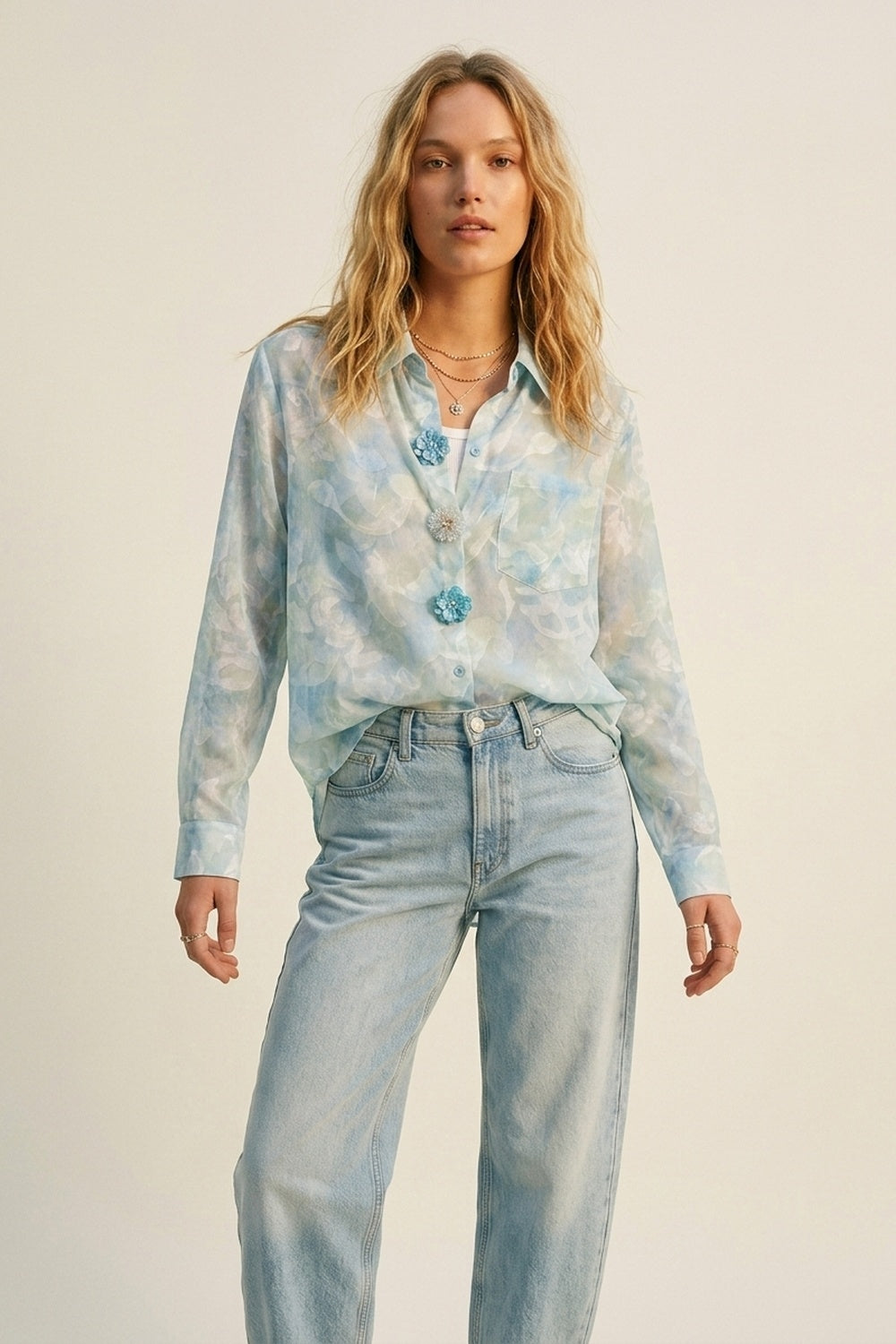 chiffon Lightweight Floral Print Button-Up Shirt in light blue