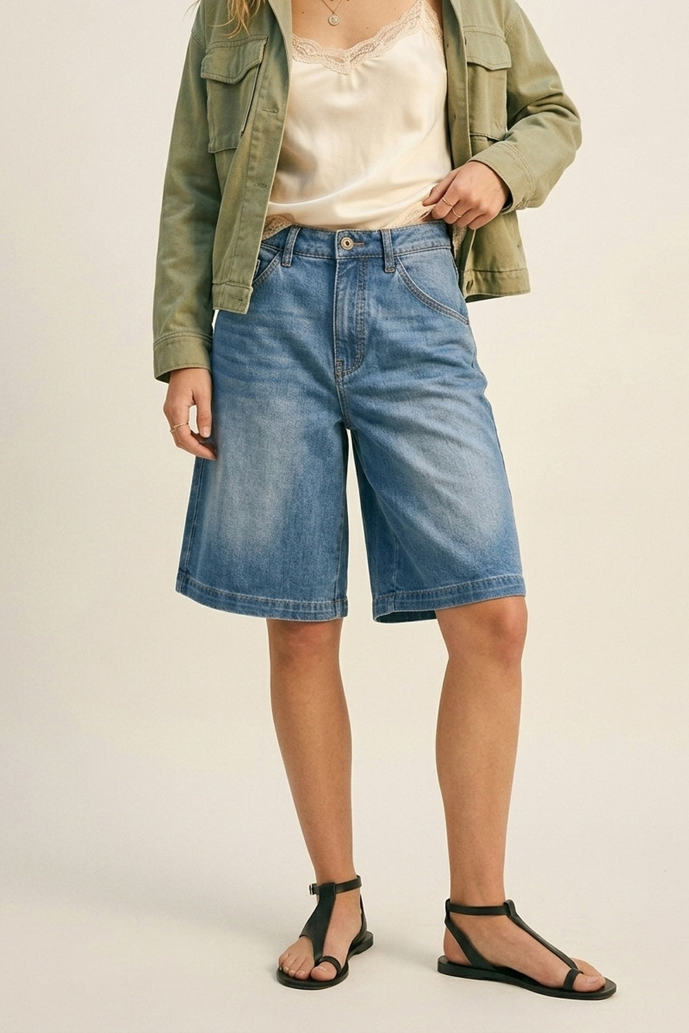 Blue Light Wash Denim Wide-Leg Shorts