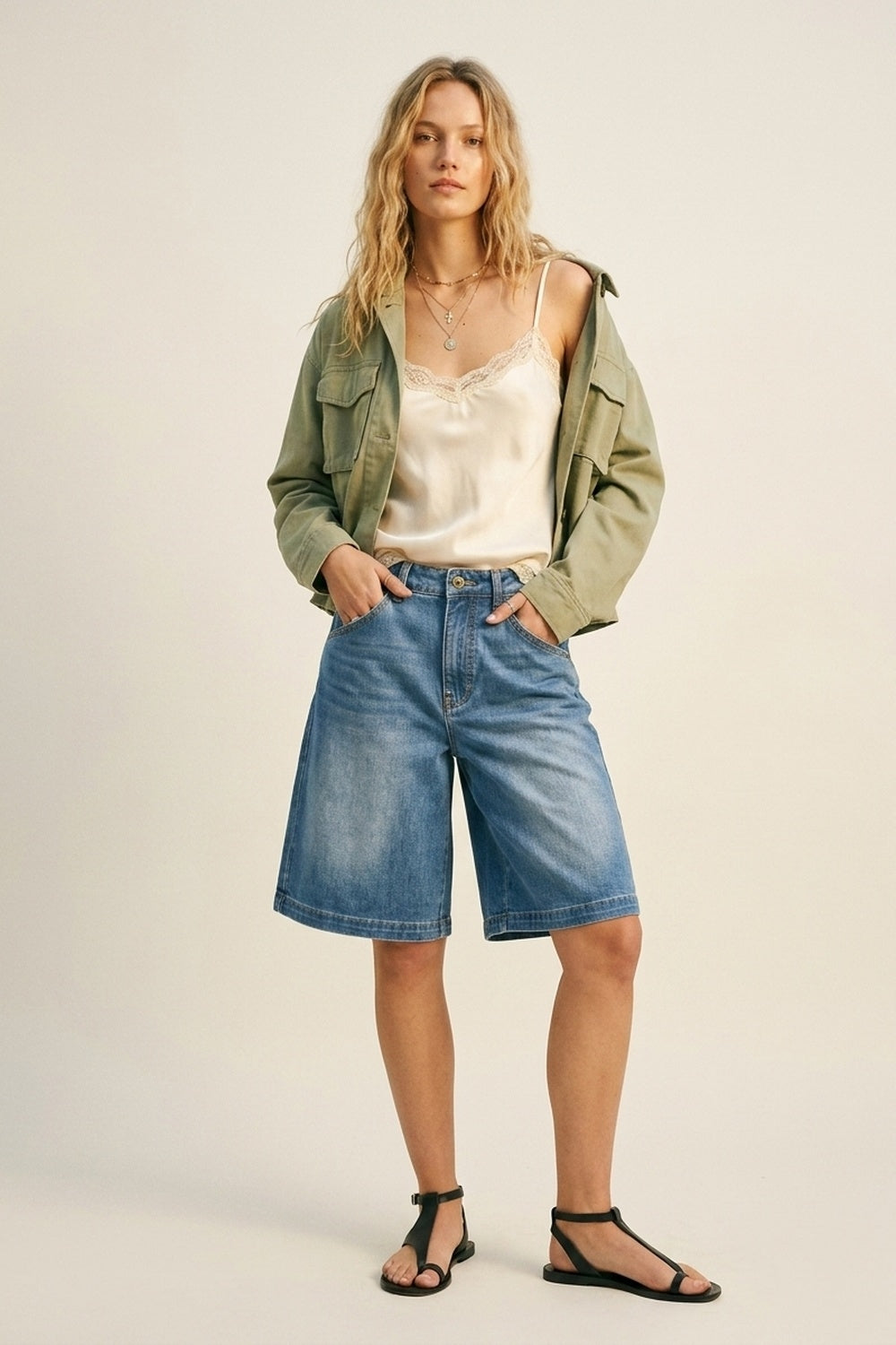 Blue Light Wash Denim Wide-Leg Shorts