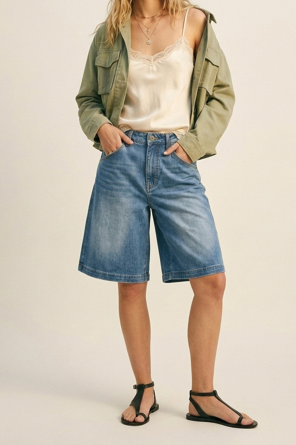 Blue Light Wash Denim Wide-Leg Shorts
