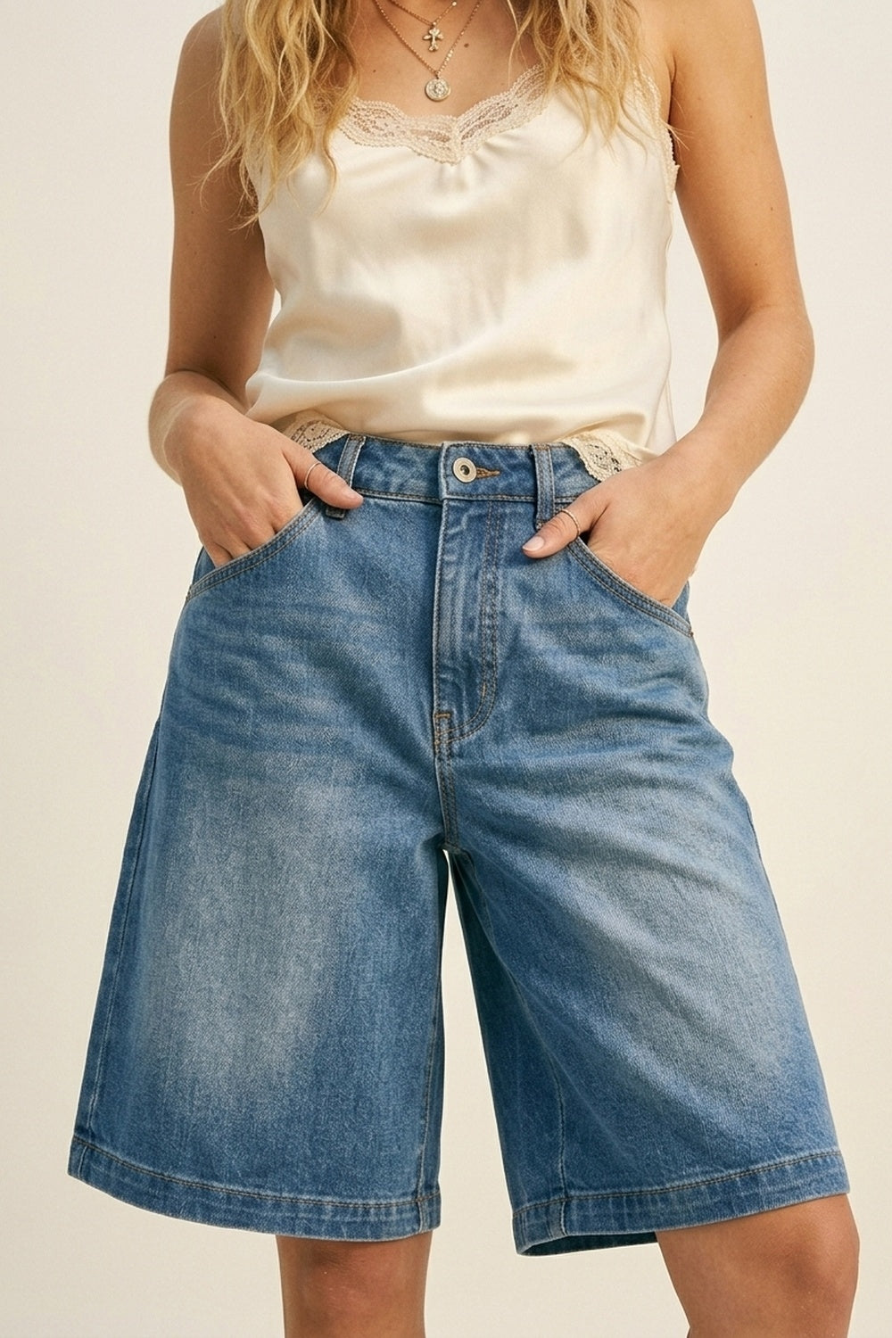 Blue Light Wash Denim Wide-Leg Shorts