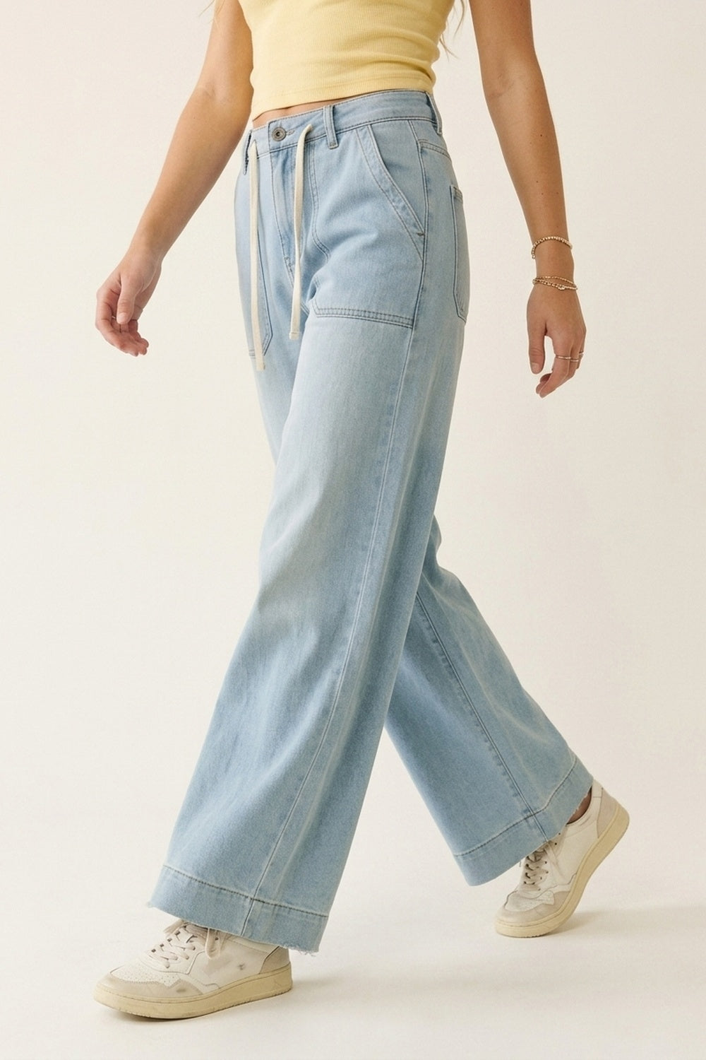 Light Blue Wide-Leg Denim Pants with Drawstring Waist