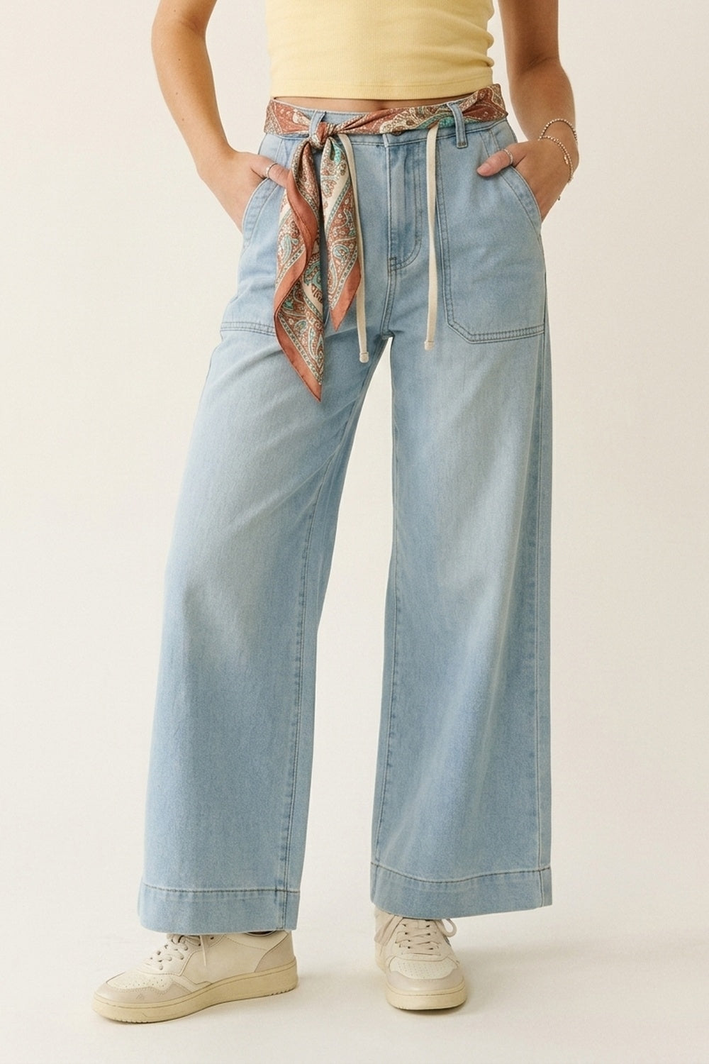 Light Blue Wide-Leg Denim Pants with Drawstring Waist