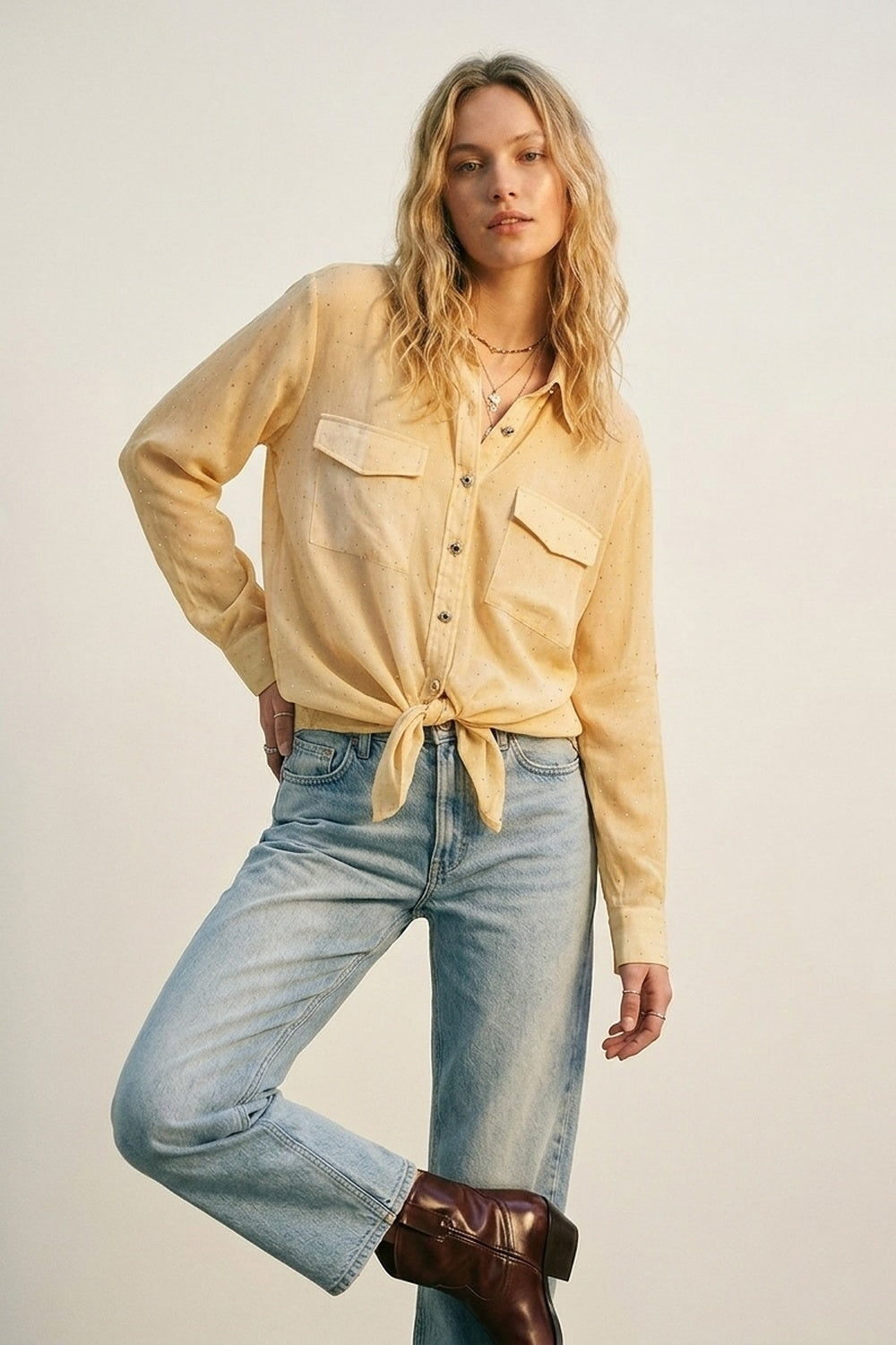 Yellow tie dye Shirt in chiffon with strass details