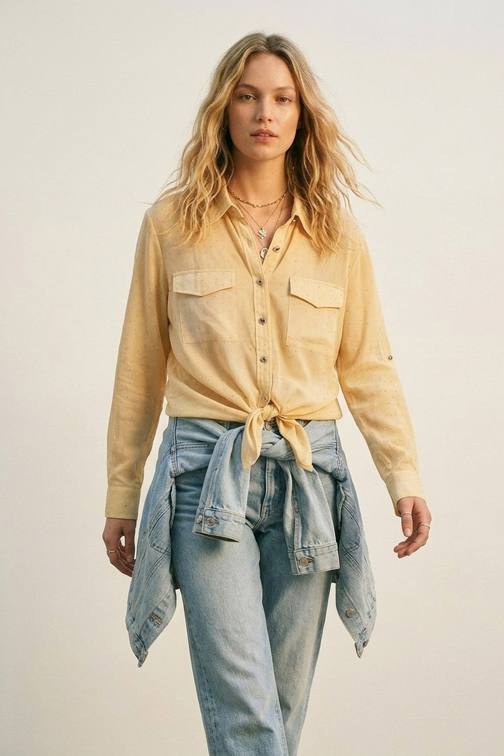 Yellow tie dye Shirt in chiffon with strass details