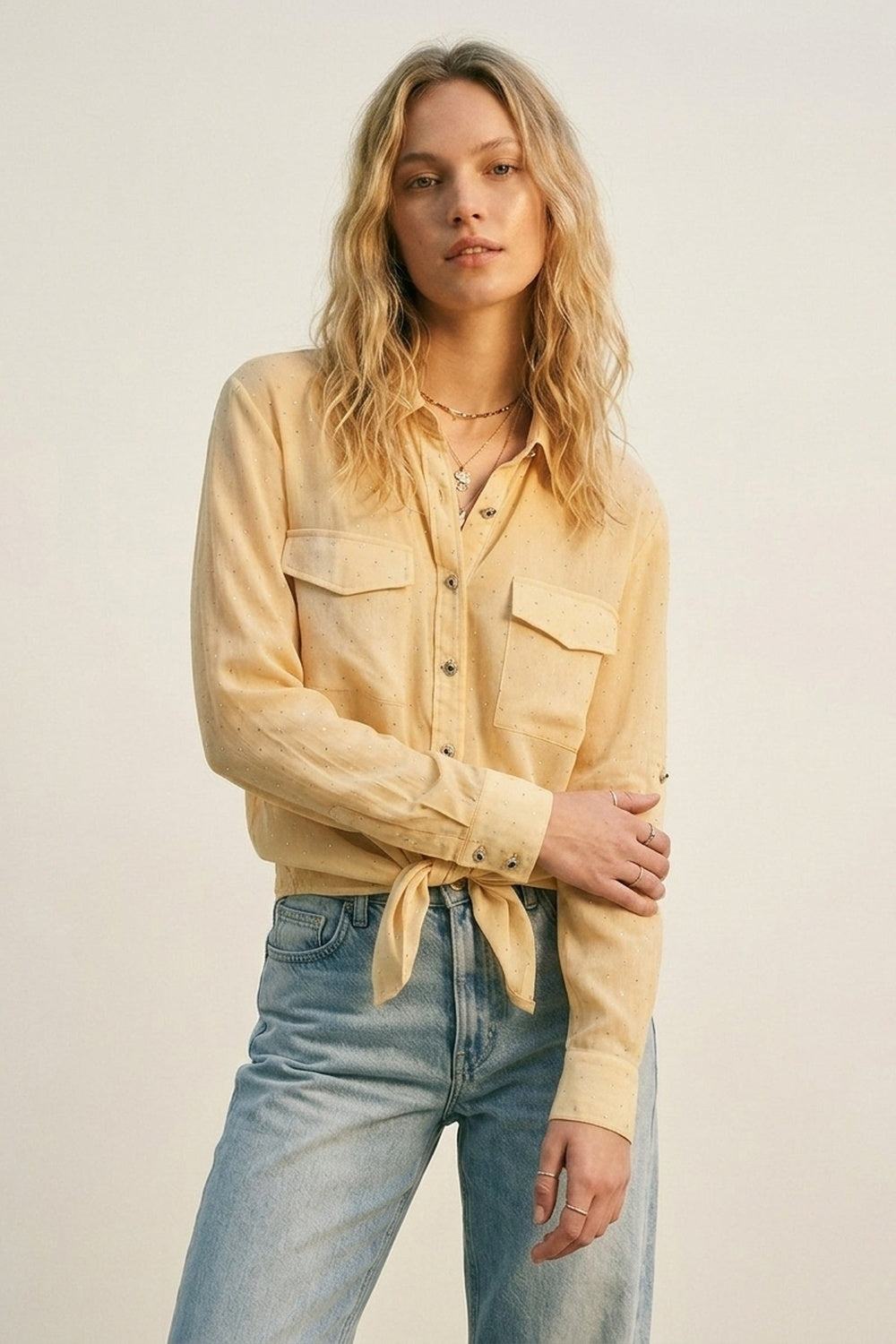 Yellow tie dye Shirt in chiffon with strass details