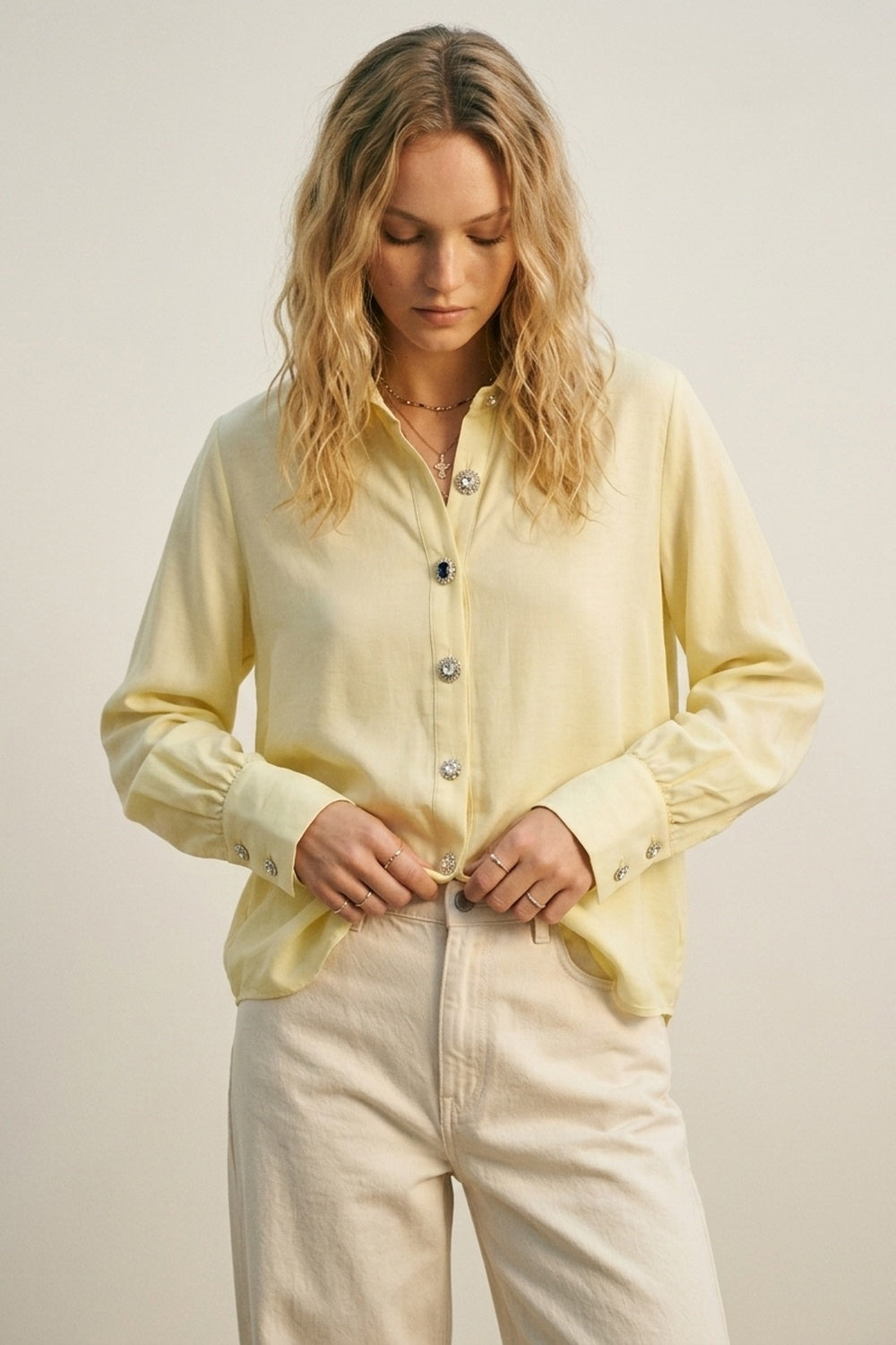 Butter Yellow Button-Up Shirt with buttons on cuff