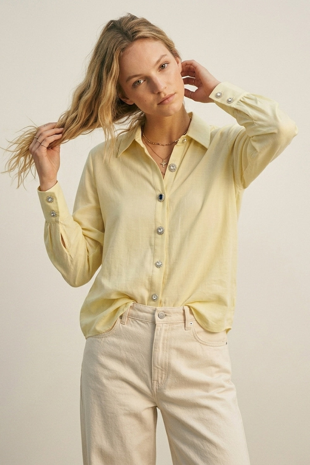 Butter Yellow Button-Up Shirt with buttons on cuff