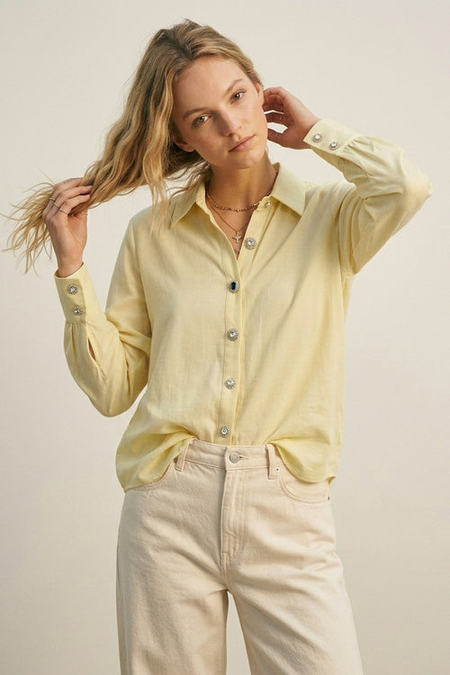 Butter Yellow Button-Up Shirt with buttons on cuff — view 2 of 6