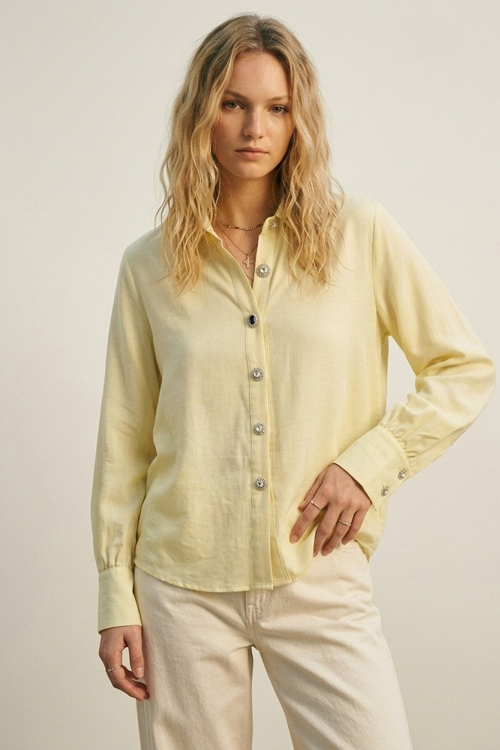 Butter Yellow Button-Up Shirt with buttons on cuff