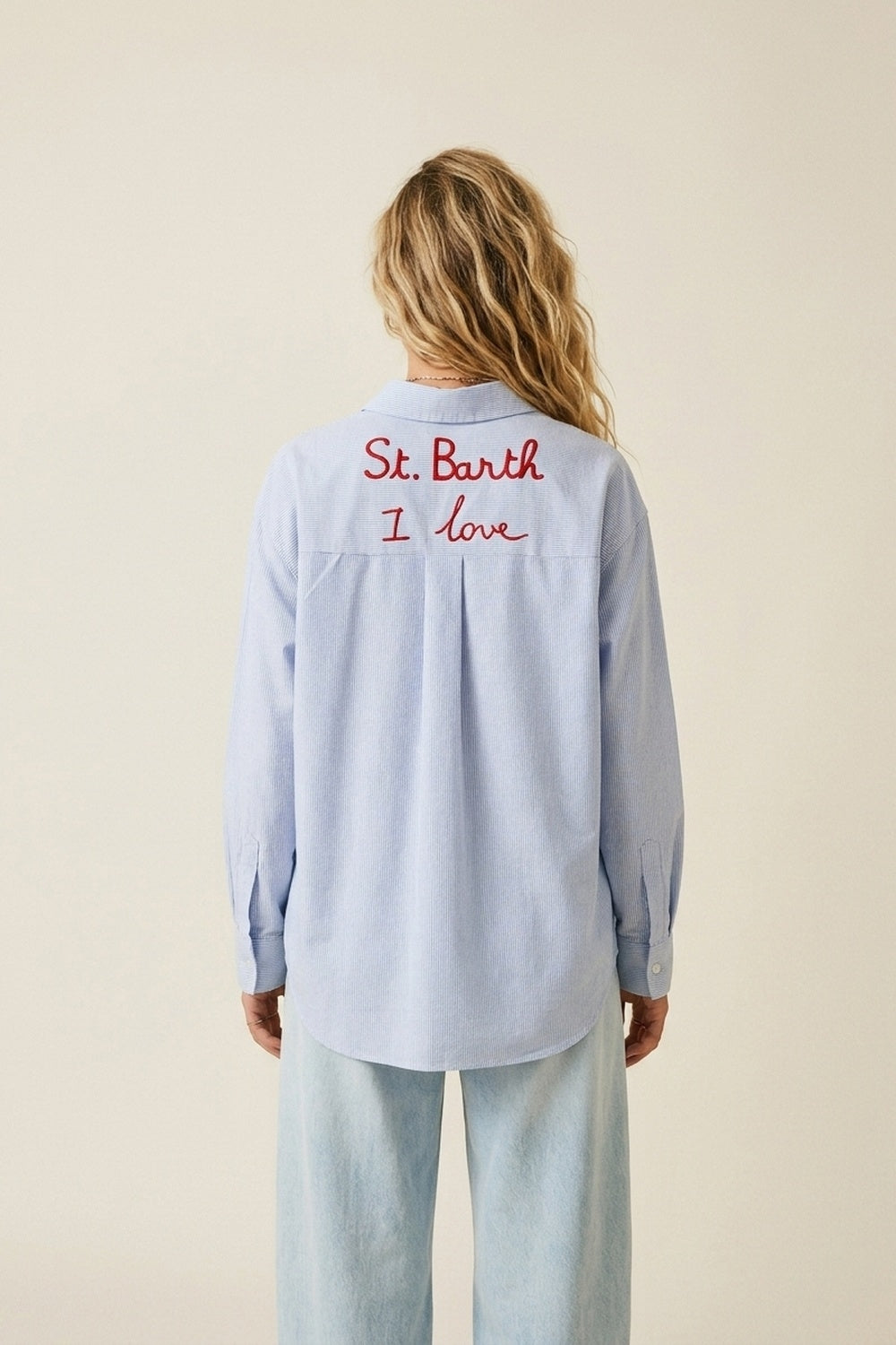 Light Blue Button-Up striped Shirt with Embroidered Detail St Barth