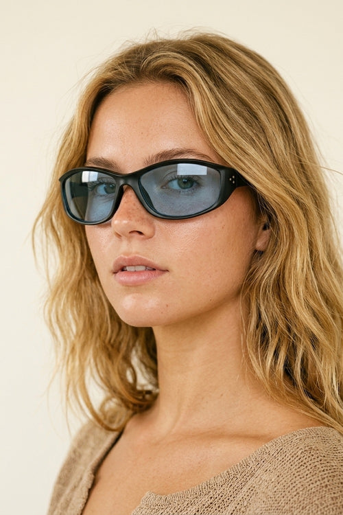 Black Oval Frame Blue Lens Classic Retro Sunglasses — view 1 of 3