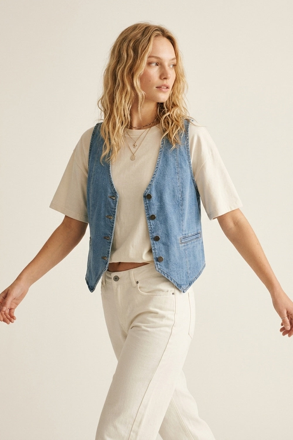 UNIKCOSA Light Blue Denim Vest with Button Closure