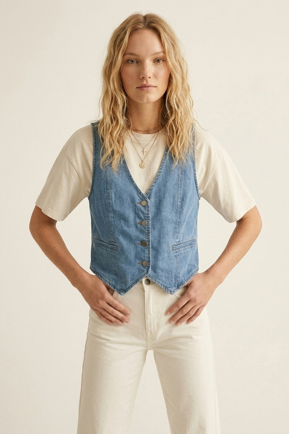 UNIKCOSA Light Blue Denim Vest with Button Closure
