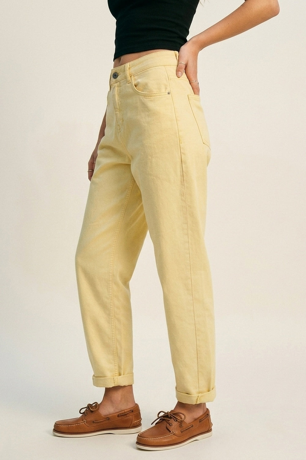 High-Rise Barrel-Leg Pants With Rolled Hem in Yellow
