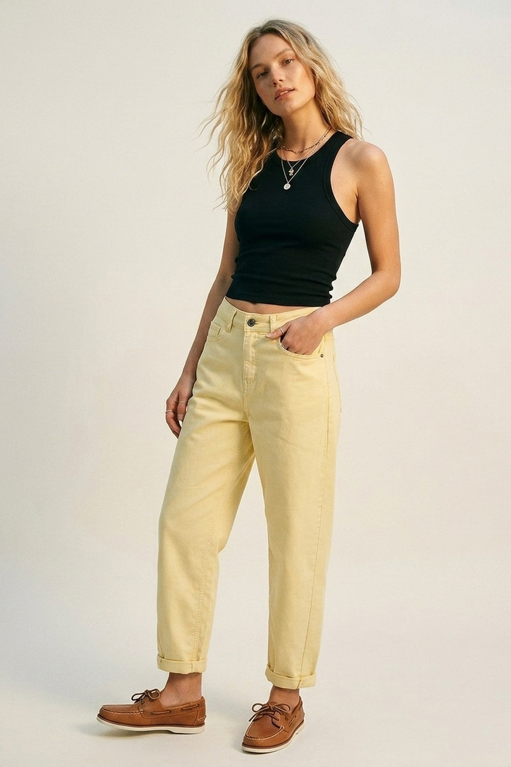 High-Rise Barrel-Leg Pants With Rolled Hem in Yellow