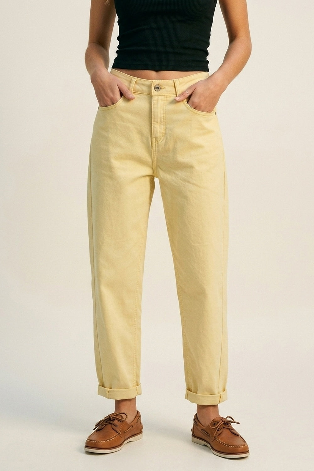 High-Rise Barrel-Leg Pants With Rolled Hem in Yellow
