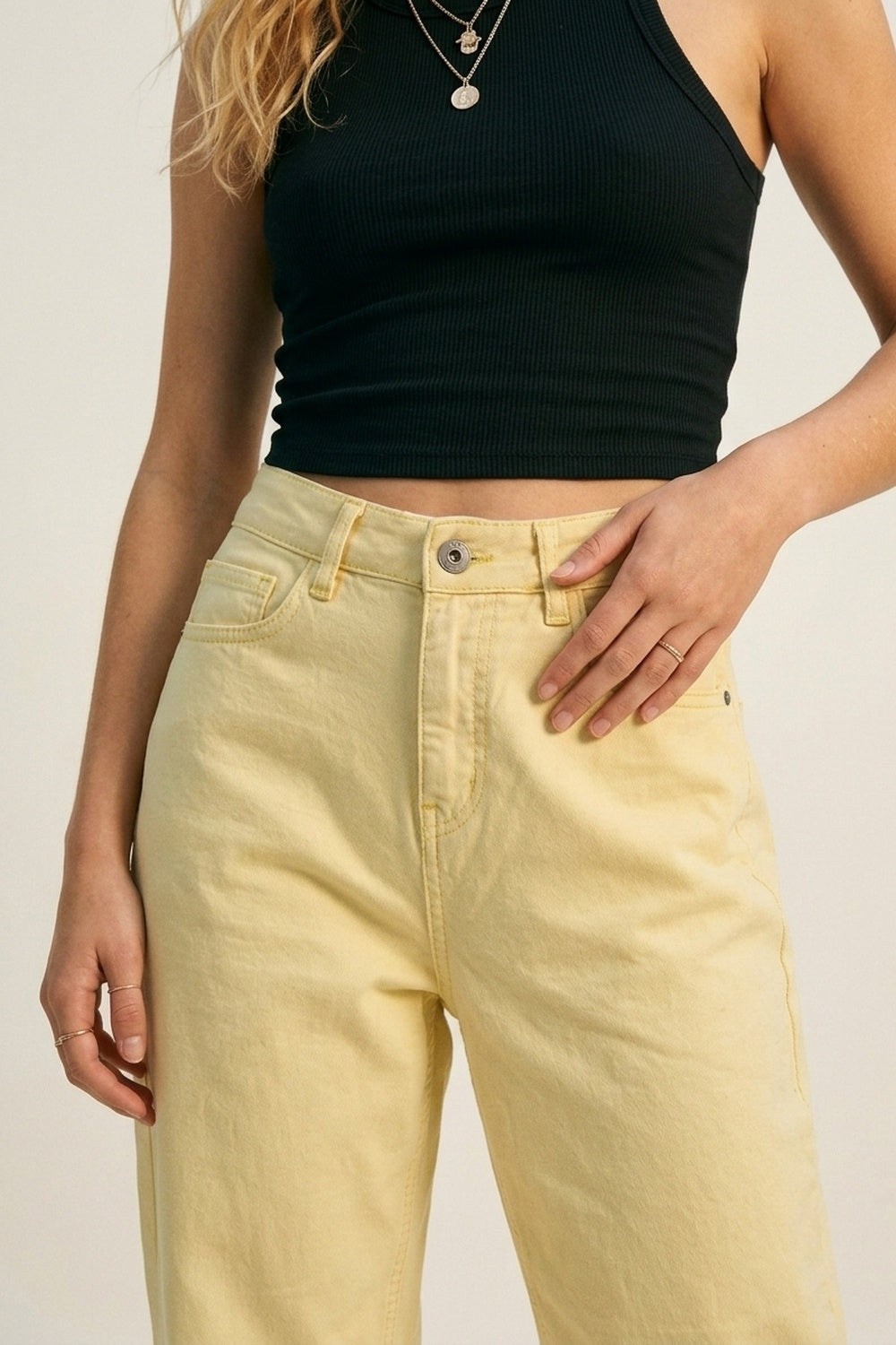 High-Rise Barrel-Leg Pants With Rolled Hem in Yellow
