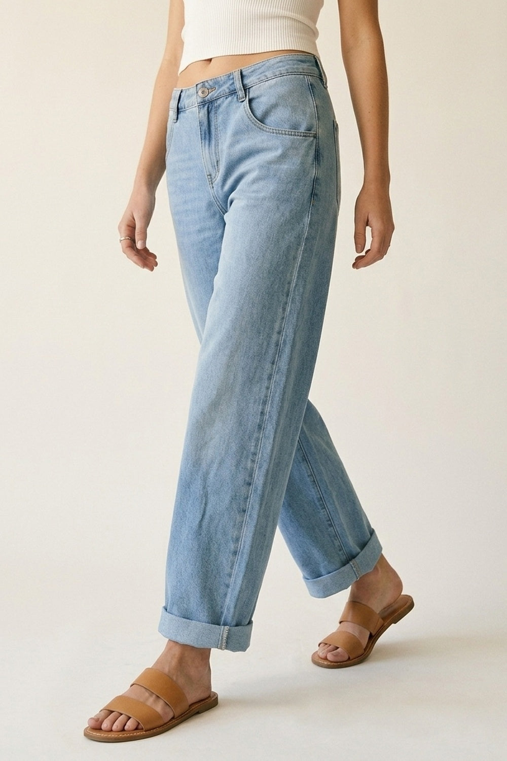 Light Wash Straight Leg Stretch Jeans With Rolled Hem