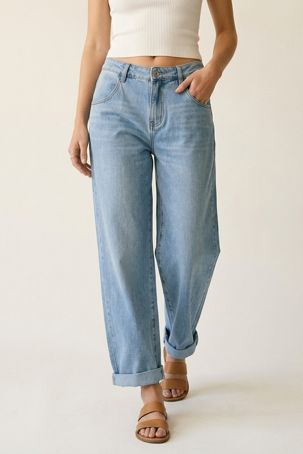 Light Wash Straight Leg Stretch Jeans With Rolled Hem
