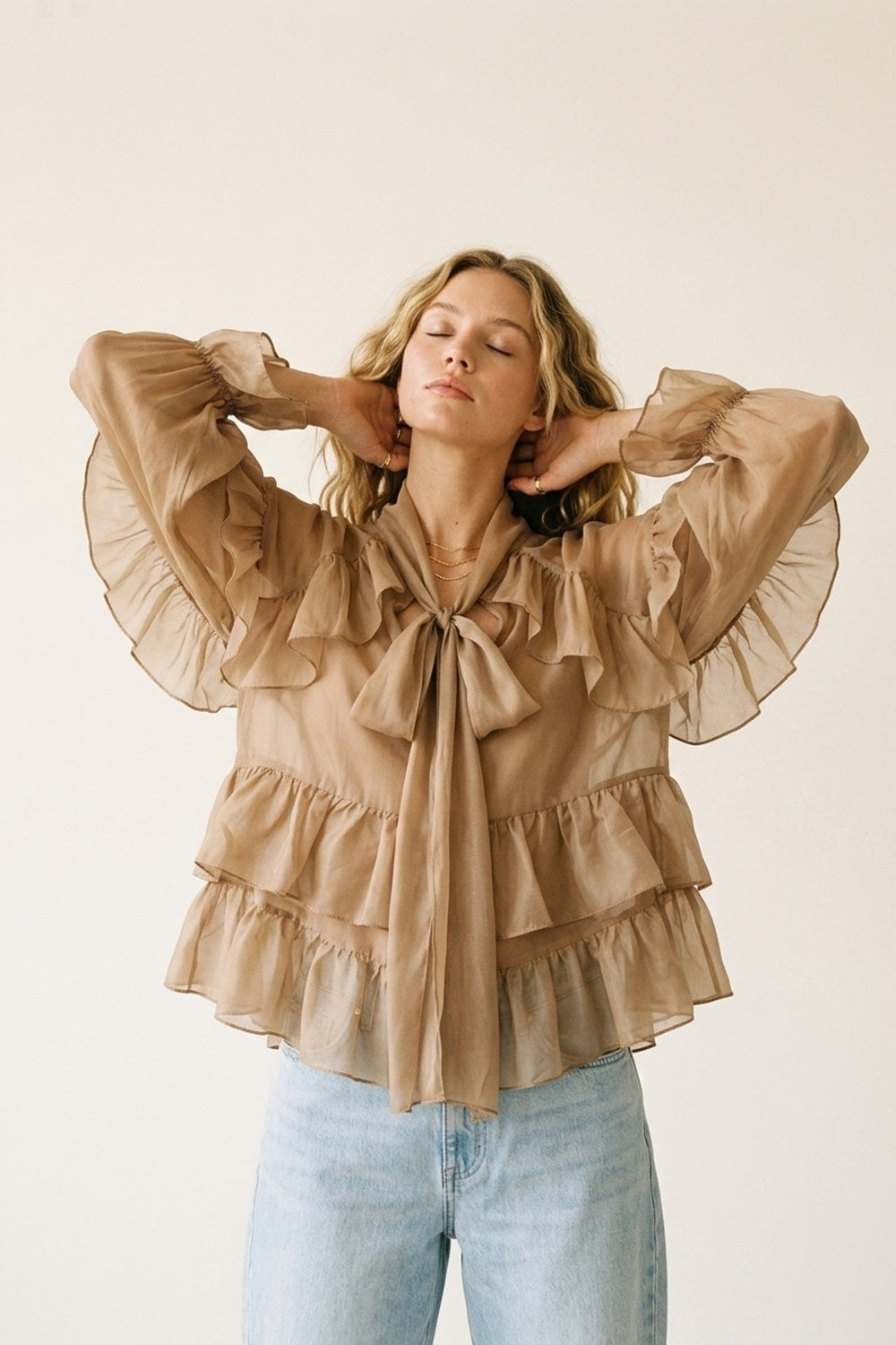 Camel Ruffled Sheer Blouse in chiffon fabric