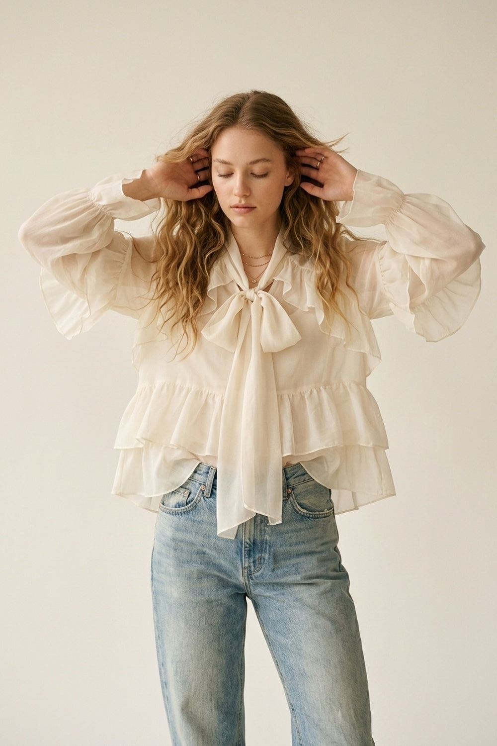 Cream Ruffled Sheer Blouse in chiffon fabric