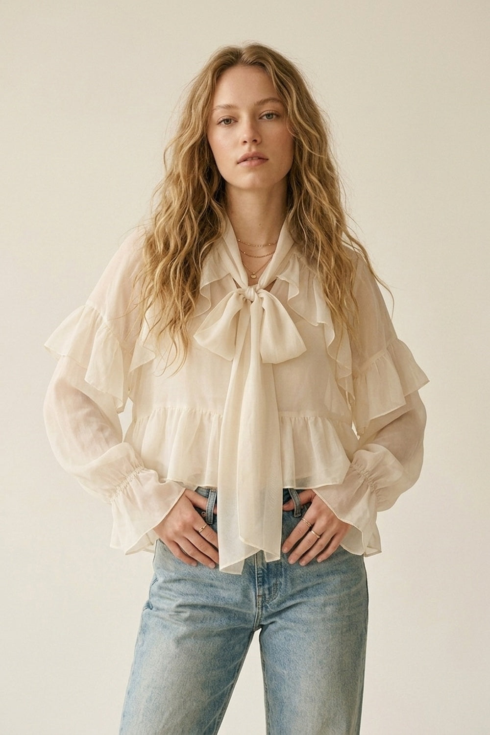 Cream Ruffled Sheer Blouse in chiffon fabric