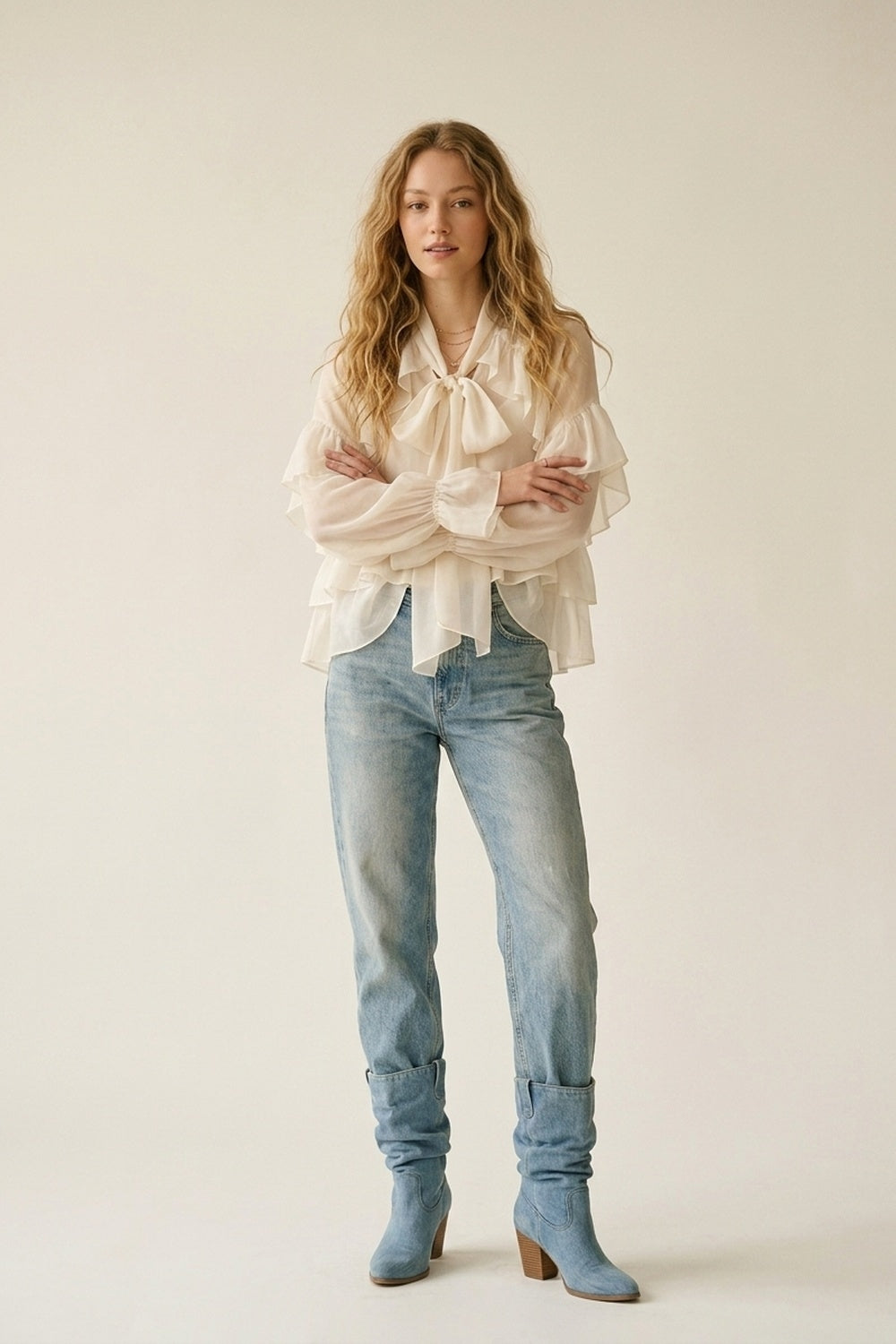 Cream Ruffled Sheer Blouse in chiffon fabric