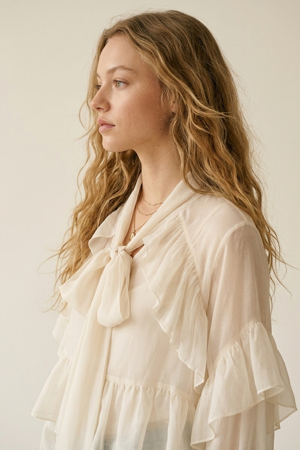 Cream Ruffled Sheer Blouse in chiffon fabric