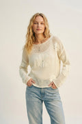 Cream Crochet Floral Accent With Diamante Long Sleeve Sweater