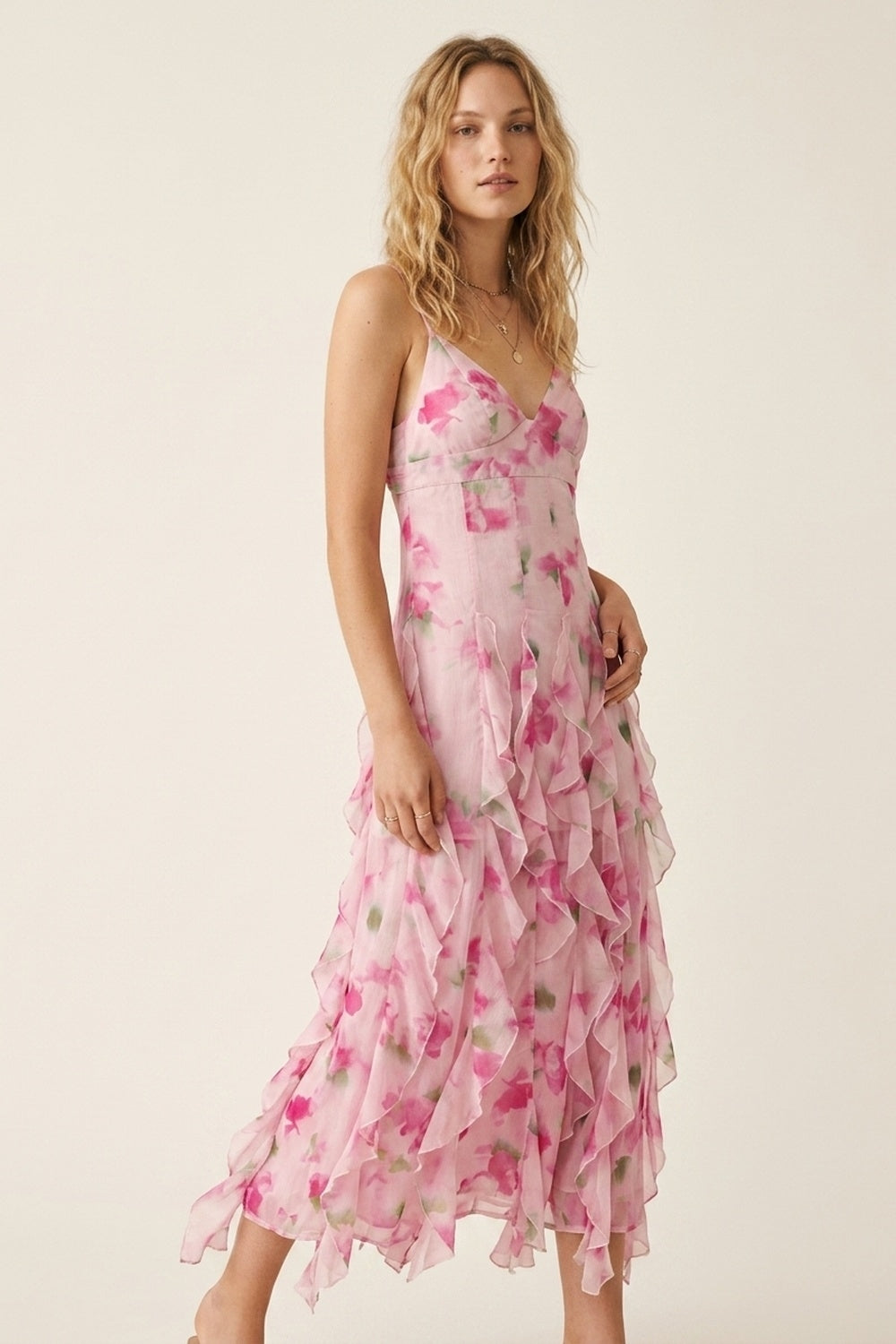 UNIKCOSA White and Pink Floral Maxi Prom Dress with Ruffles
