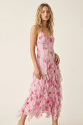 UNIKCOSA White and Pink Floral Maxi Prom Dress with Ruffles