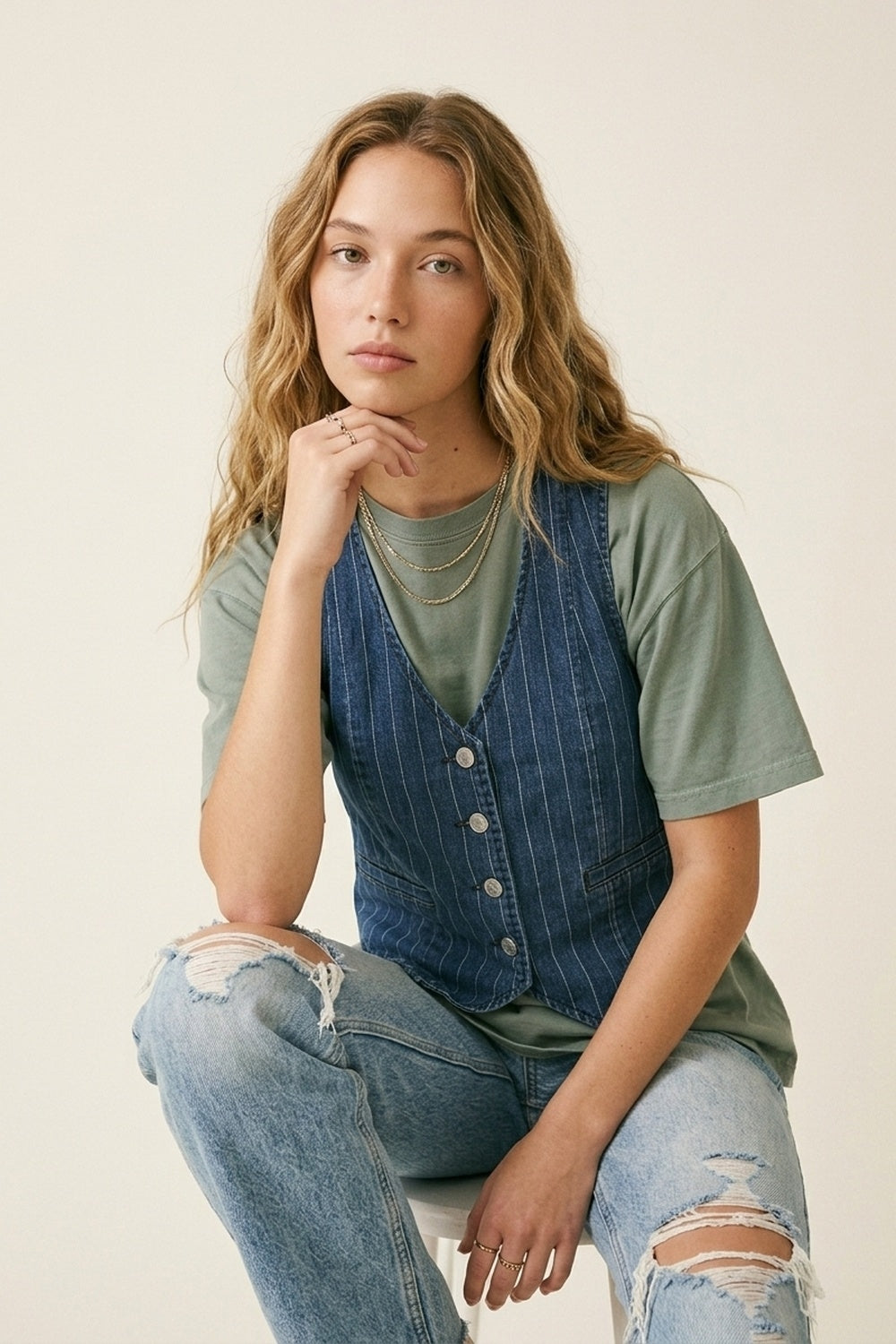 UNIKCOSA Blue Pinstripe Denim Button-Front Vest