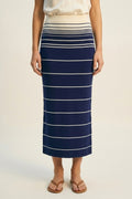 Navy Striped Knit Midi Skirt with Cream Waistband