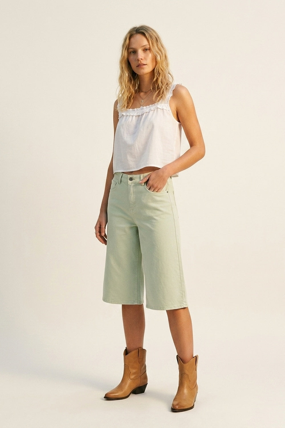 Stretch-denim Bermuda shorts in Mint Green