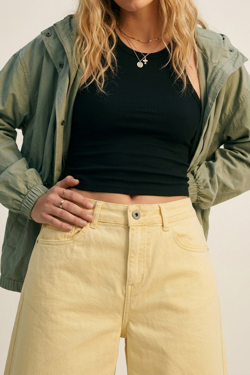 Stretch-denim Bermuda shorts in Butter Yellow