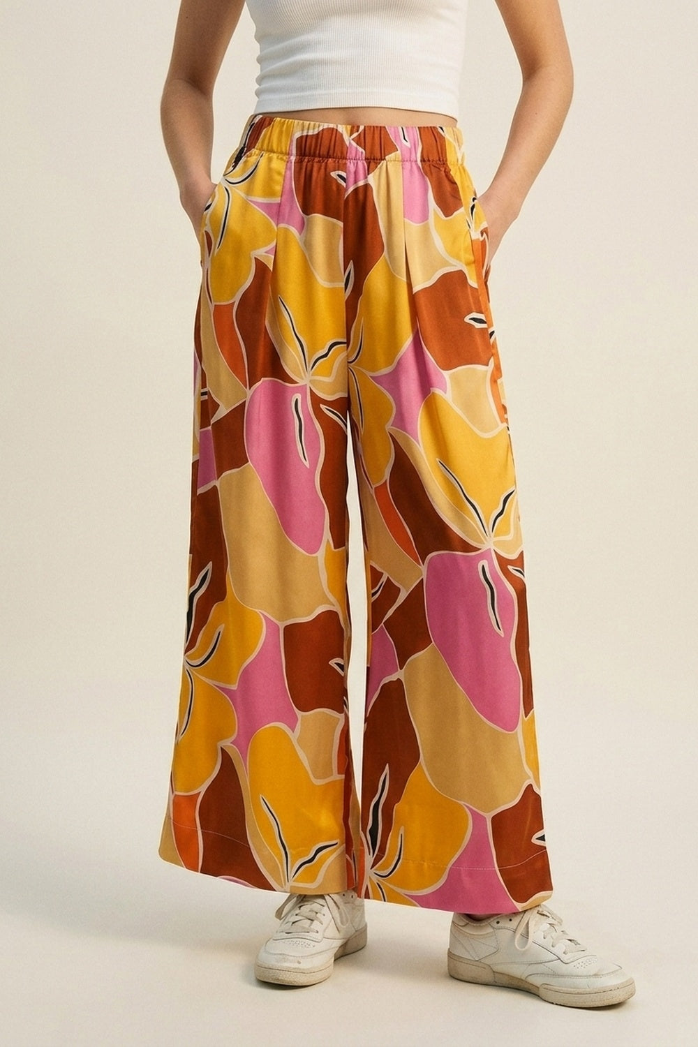Tropical Print Wide Leg Pants in Warm orange tones